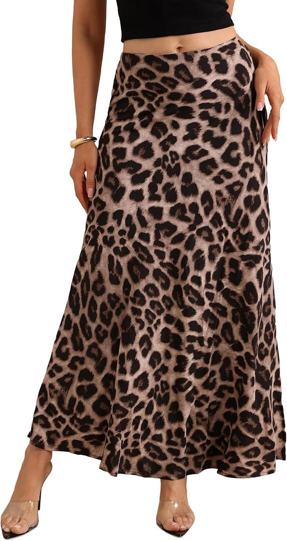 Women's Leopard Print Maxi Skirt High Elastic Waist Loose Flowy Elegant Skirts (L)