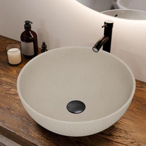 YIMAI Handcrafted Concrete Vessel Sink with Faucet & Drain  Eco-Inspired Coffee Grounds Countertop Basin, 15.7"x5.5", Artisan Brown Cement Bathroom Vanity Bowl for Modern & Luxury Spaces