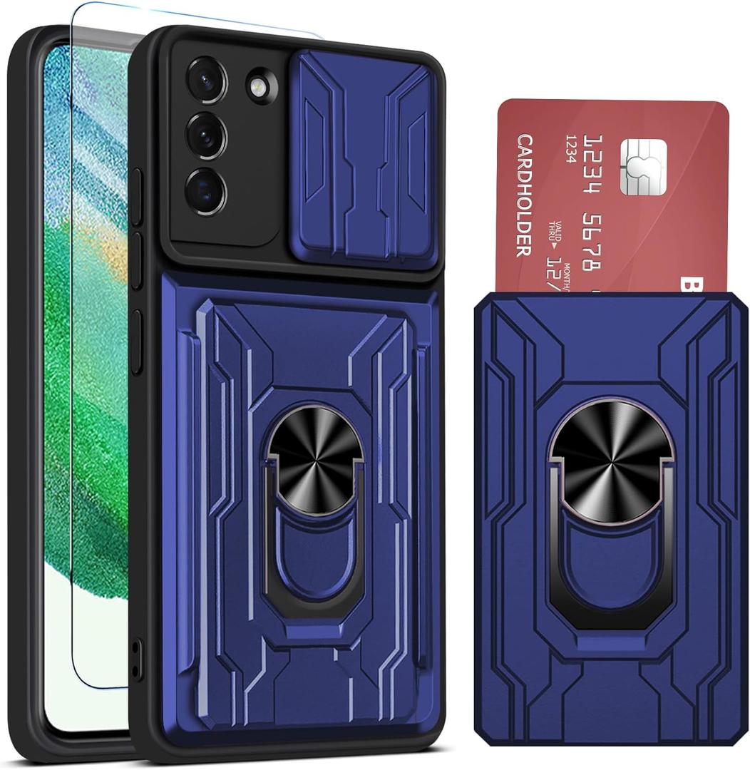 Galaxy S21 FE 5G Case Wallet, Built-in Card Holder for Samsung S21 FE Case with Stand, Heavy Duty Shockproof Full Body Kickstand Cover, for Samsung S21 FE 5G Phone Case with Screen Protector (Blue)