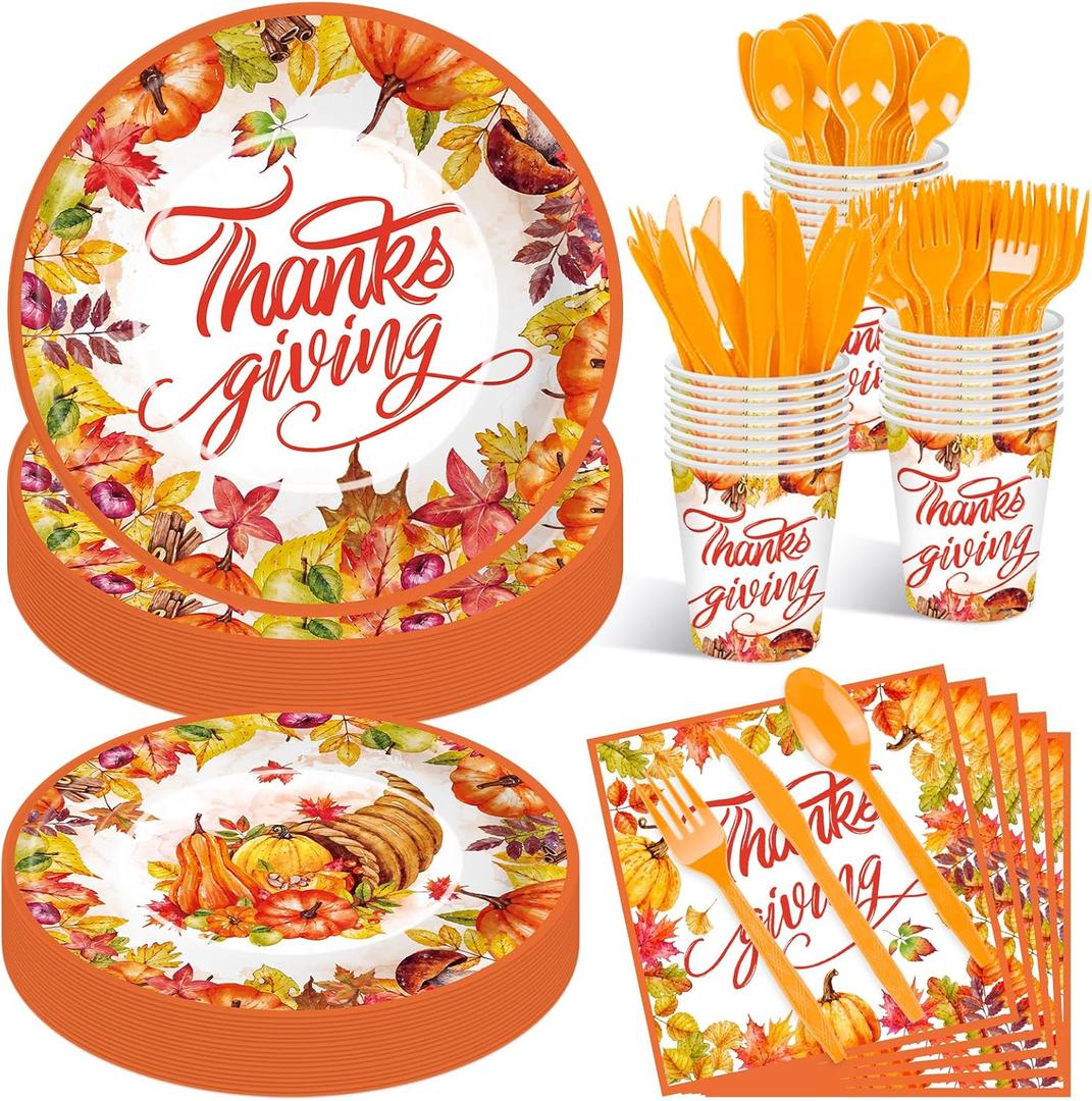 175 Pcs Thanksgiving Tableware Set - Serves 25, Harvest-Themed Disposable Plates, Cups, Napkins, Plastic Forks, Spoons, Knives for Thanksgiving Day Dinner, Fall Party Supplies, Autumn Gatherings