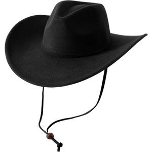 Lanzom Women Men Retro Felt Wide Brim Western Cowboy Cowgirl Hat Dress Up Hat with Wind Lanyard (Medium-Large, Black)