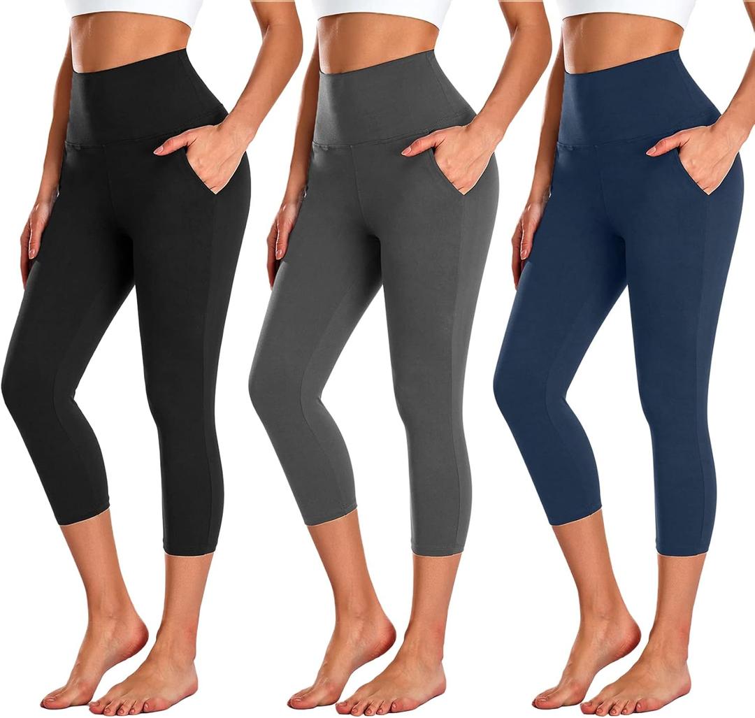 NEW YOUNG 3 Pack Capri Leggings for Women with Pockets-High Waisted Tummy Control Workout Gym Yoga Pants (Small-Medium, 1-black/Dark Gray/Navy Blue)