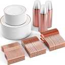 FOCUSLINE 600 Ct Rose Gold Dinnerware Set for 100 Guests - Rose Gold Rimmed White Disposable Plastic Plates, Includes 100 Dinner & Salad Plates, Cups, Cutlery Set for Wedding Parties