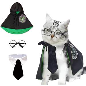 ANIAC 3PCS Halloween Dog Costume Cat Wizard Cape Glasses and Necktie Set Halloween Puppy Outfit Pet Academy Magician Cosplay Apparel for Kitten Cat Small Dogs (Black+Green, Large)