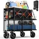 Double Decker Collapsible Wagon with Brakes, Folding Utility Cart with Big All-Terrain Wheels, 2-Tier Wagon for Camping Gear, Sports, Groceries, Shopping, Garden & Outdoor Use