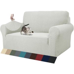 ZNSAYOTX 1 Piece Jacquard Couch Covers for 2 Cushion Couch High Stretch Loveseat Slipcover for Pets Dogs Anti Slip Love Seat Sofa Slipcover Furniture Protector (Medium, Ivory)