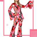 Haysandy 70s Outfit Women Disco Hippie Costume Accessories Pink Peace Disco Bottom Pants for Carnival Halloween Cosplay XL