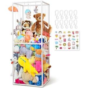 SOAR ON WINGS 63'' Large Stuffed Animal Storage Organizer, Sturdy 1.8mm PVC Toy Holder with Elastic Bands, 10 Hooks & Sticker for Nursery and Playroom