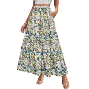 POPZONE Women Maxi Skirt Floral Boho Tiered Fall Summer Flowy Skirts Casual High Waist Long Skirts for Women (S)