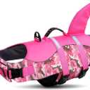Queenmore Dog Life Jacket Ripstop Dog Shark Safety Vest Adjustable Preserver with High Buoyancy and Durable Rescue Handle, Pink Camouflage, Size: Large