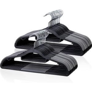 Tonswachic Heavy Duty Plastic Hangers 50 Pack, Space Saving Clothes Hangers, Non-Slip, 0.2 Inches Slim, 360 Swivel Silver Hook for Shirts, Sweaters & Pants, Black and Dark Gray