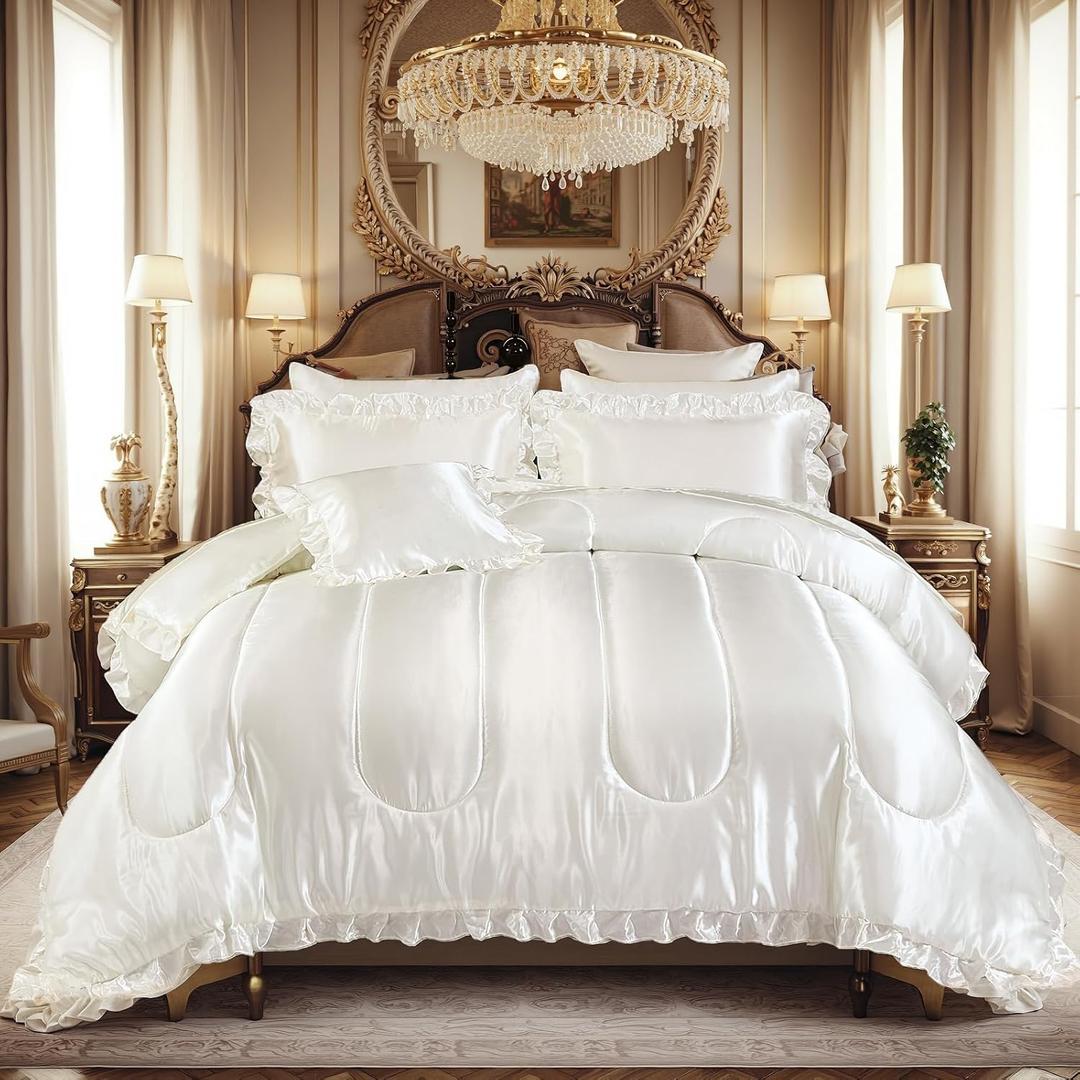 Silk Like Satin Comforter Set with Sheet Set King 8 Pcs White Satin Bedding Set Silky Ruffle Pattern Home Decor Luxury Hotel Silky Bed in a Bag with 1 Cushion Cover