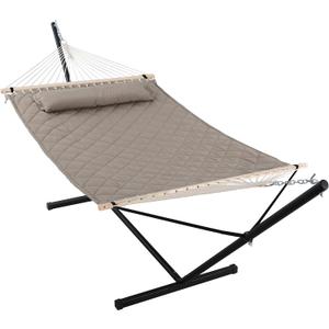 ANOW 2 Person Hammock with 12FT Stand, Heavy Duty Hammock with Stand for Outdoors, 450 LBS Weight Capacity, Light Brown