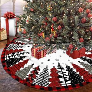 Christmas Tree Skirt 48 Inch Red and Black Buffalo Plaid Tree Skirt Winter Xmas Tree Mat Decorations for Home Holiday Party Indoor Outdoor Decor