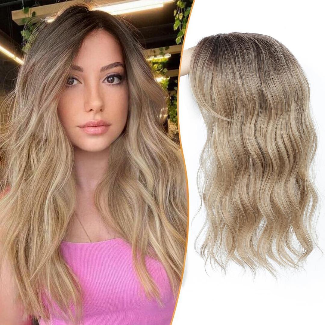 PANEWAY Hair Topper 16 Inch Wavy Synthetic Clip-In Topper for Women Natural Looking Voluminous Hairpiece for Thinning Hair, Lightweight & Breathable (Ombre Blonde With Dark Root)