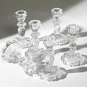 4.33" Tall Glass Candlestick Set of 6 Clear Crystal Candle Holders for Glass Taper Holder Decor for Wedding Birthday Party Christmas