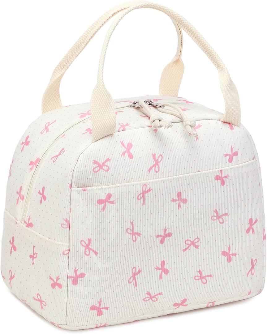 LEDAOU Lunch Box for Women Insulated Lunch Bag Corduroy Lunch Tote Bags Leakproof Cooler Lunch Case for Travel Work Picnic (Pink Bow)