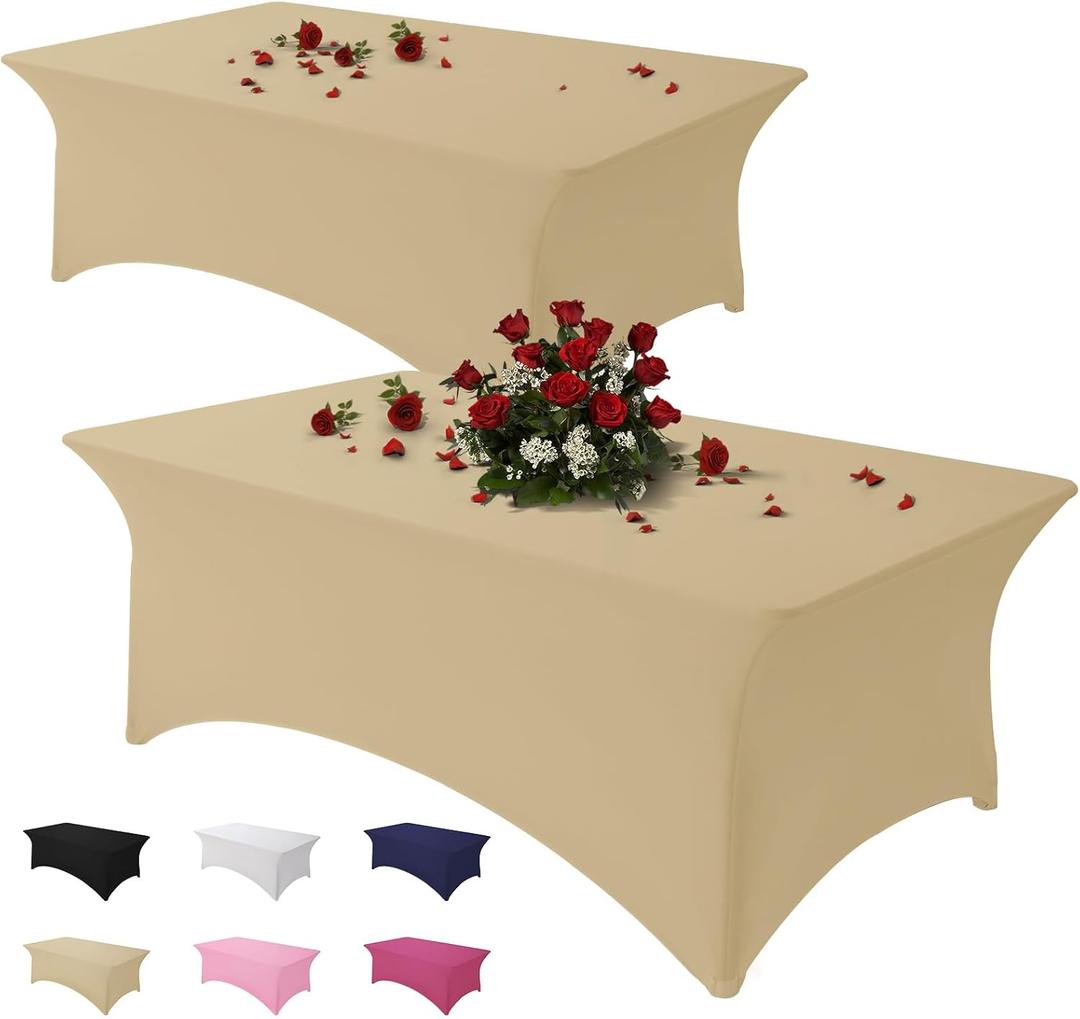 Table Cloth 2 Pack Champagne 6FT Spandex Tablecloth for Rectangle Fitted Table Cloths Stretch Covers Washable Wrinkle Free Tablecloths for Festival Camping Picnic Wedding Party