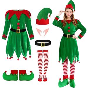Christmas Elf Costume Women: 6 Pcs Adult Elf Dress Santa Helper Costume Xmas Cosplay Outfit (Small)