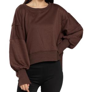 Womens Crewneck Sweatshirts Cropped Long Sleeve Tops Oversize Loose Fit Tee Side Slit Pullover Tshirt (Brown, S)