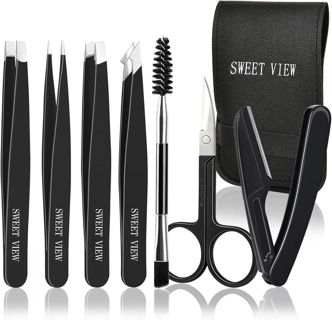 7pcs Eyebrow Tweezers Kit for Women Precision Plucker with Brow Scissors & Razor & Spoolie for Facial, Chin, Brow, Splinter and Ingrown Hair (Black)