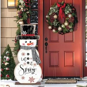 Whaline 36" H Wooden Christmas Snowman Porch Sign Standing Winter Wooden Porch Decoration Vintage Christmas Snowman Welcome Standing Sign for Front Door Yard Xmas Holiday Party Favor Gifts Decor