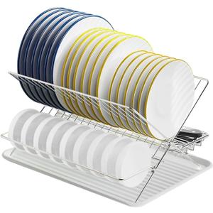 Stainless Steel Foldable Dish Drying Rack, 2 Tier Collapsible Kitchen Rack for Counter, Large Capacity Expandable Dish Drainer Rust Proof, Small