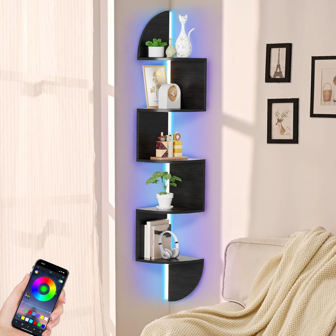 Corner Shelf, 5 Tier Bookshelf with LED Light, Corner Shelf Wall Mounted, Floating Shelves for Wall, Display Stand for Bedroom, Living Room, Bathroom, Home, Office, Black
