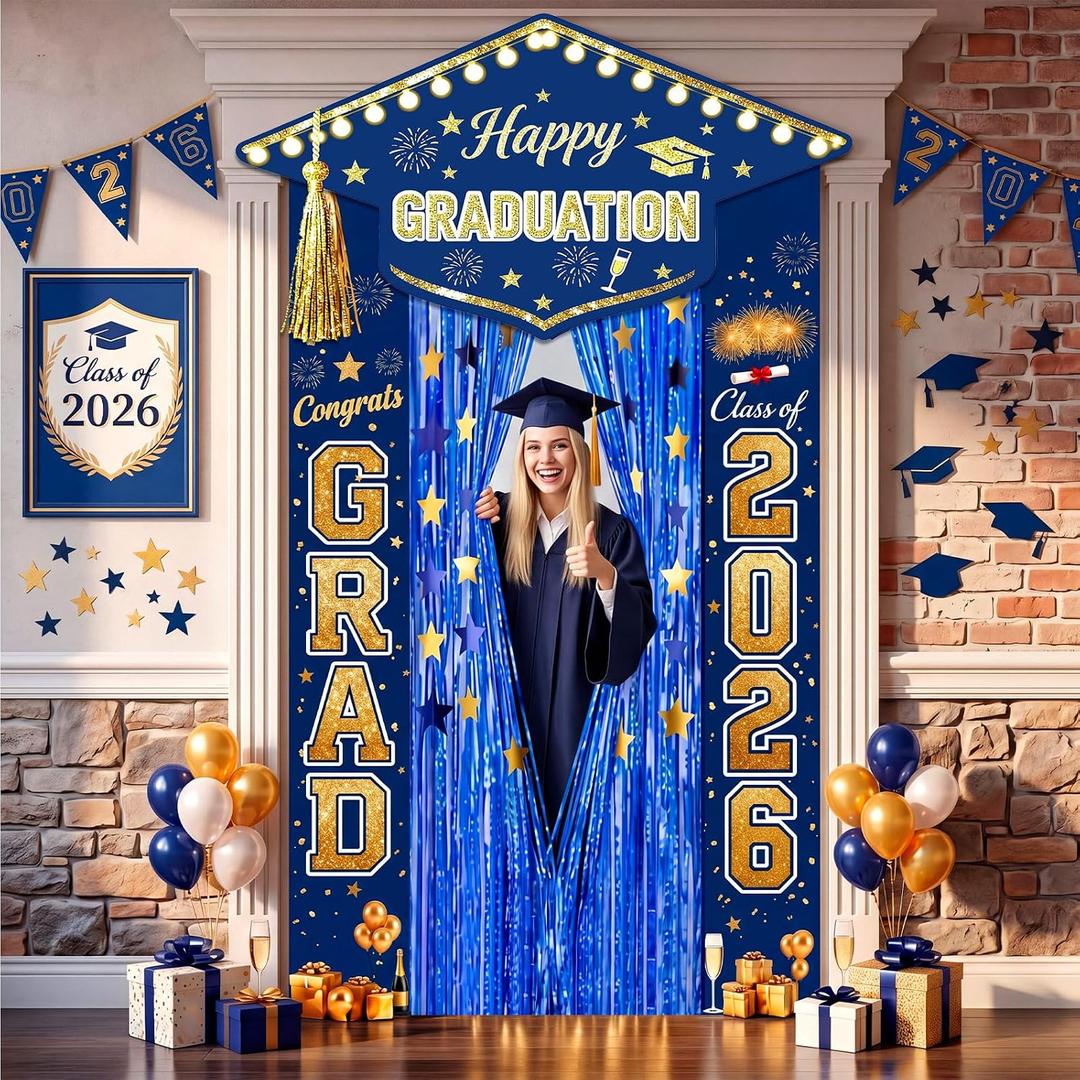 Fanfanwin 3 Pcs 2026 Graduation Door Decoration Graduation Cap Door Banner Class of 2026 Congrats Porch Sign Banner with Gold Foil Fringe Curtain Star Garland for Photo Prop Party Supplies(Blue)