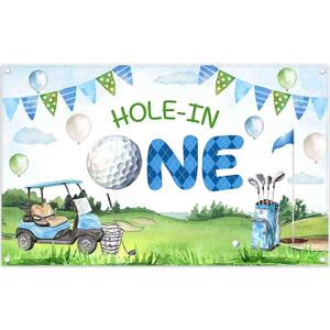 72x43inch Fabric Cartoon Hole in One Golf Backdrop Sports Theme Blue Sky White Clouds Green Grass Photography Background Boys Party Decorations Photo Banner Booth