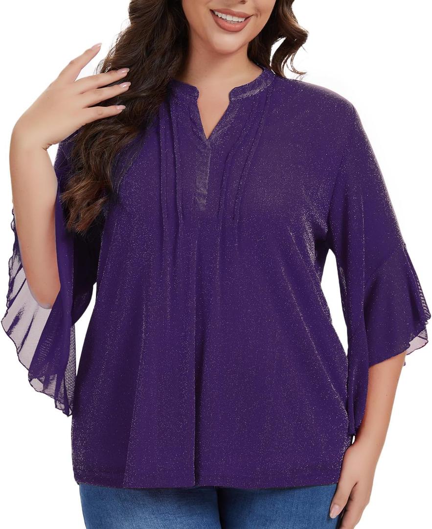 Betu Womens Ruffle 3/4 Sleeve V Neck Double Layers Mesh Blouses Loose Fit Flowy Tunic Tops, M-5XL (Purple)