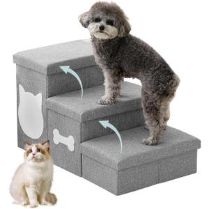 Wider Dog Steps for Bed 17" H, Foldable Dog Stairs with Storage, Non-Slip Pet Steps for Small Medium Large Dogs, Arthritis-Friendly Pet Stairs for Couch and Car Up to 200 lbs, Grey, 3 Steps