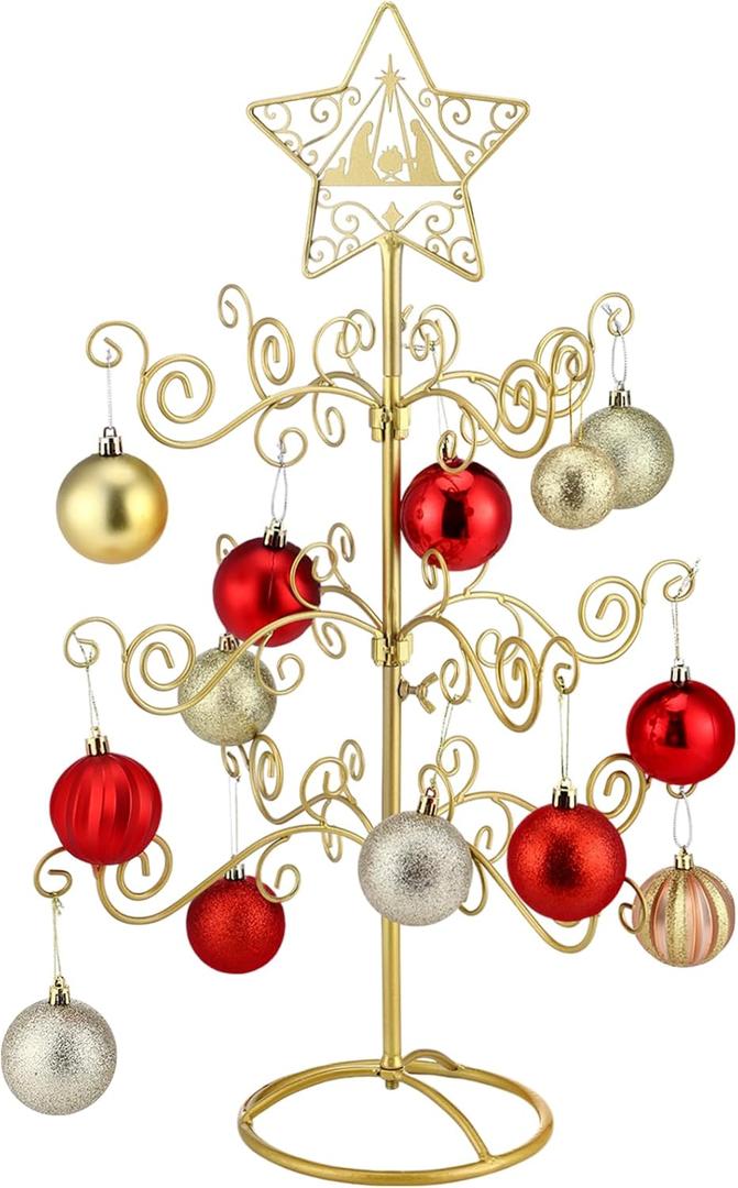 Otoolling 2 FT Jesus Iron Christmas Tree Ornament Display Stand with Hanger Hook Metal Ornament Display Tree Stand Hanger for Jesus Christmas Balls Bauble Decorations Gift Craft Tabletop (Gold)