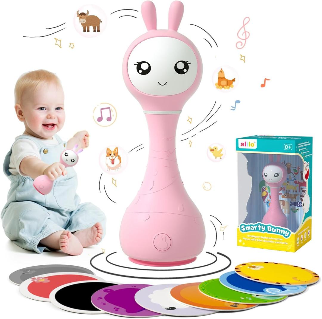 alilo Smarty Bunny Baby Rattle Musical Light Up Toys, Infants Newborns Baby Toys 0-3-6-12-18-24 Months,1 Year Old Boy Girl Easter Gifts, 4 Music Modes and Color Recognition Function with 9 Color Card (Pink)