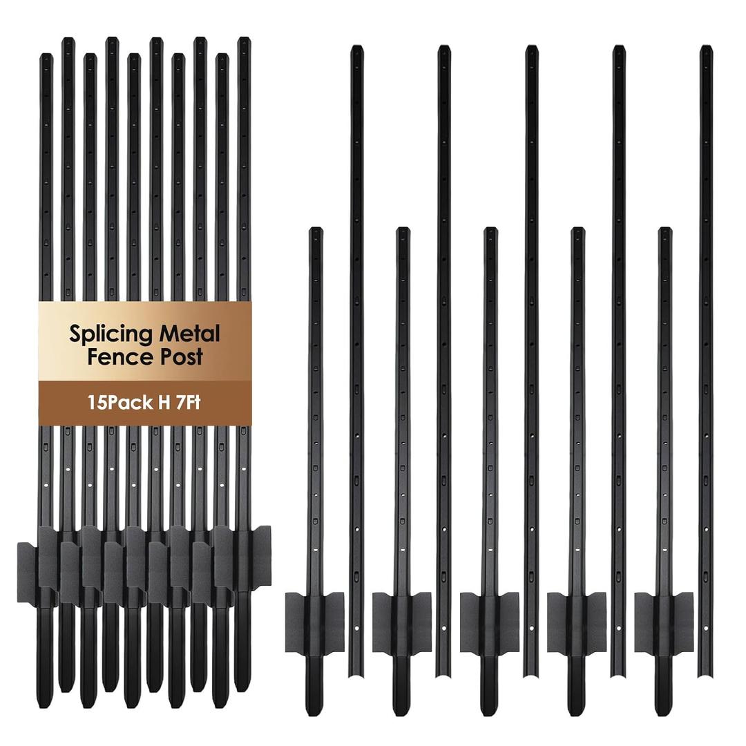 15 Pack Metal Fence Post Black Splicing, 7FT Heavy Duty Garden Fence Post, Fence Posts No Dig U Post for Wire Fence, Lawn, Garden, Farm