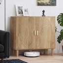 Smuxee Oak Sideboard Cabinet, Freestanding Buffet Cabinet with Line Groove Design, Wood Storage Cabinet with Adjustable Shelf for Living Room, Entryway, Hallway, Wide-31.5 in