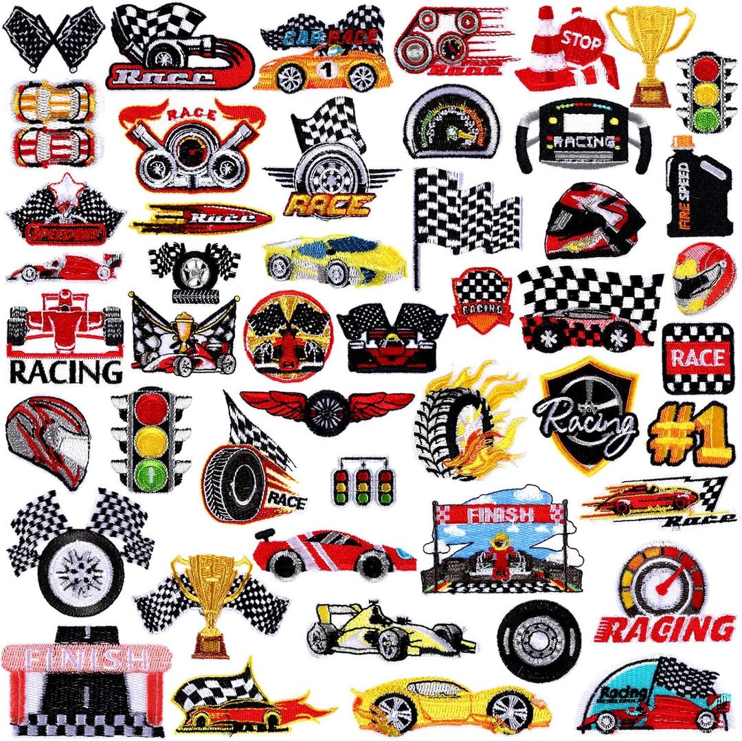 Tigeen 48 Pcs Racing Iron on Patches Checkered Racing Flag Patches for Clothes Jackets Jeans Dress Hats Backpacks Bags Accessory