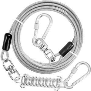 jenico Dog Tie Out Cable, 10/15/20/30/40/50/70/100/150FT Runner Cable with Swivel Hook and Shock Spring, Dog Leash Run Tether for Yard Outdoor and Camping, for Small to Medium Pets Up to 500 LBS (White)