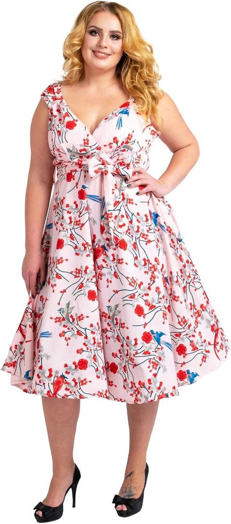 Miss Lavish London Plus Size Fit and Flare Dress for Women, Sleeveless V Neck Wrap Style Midi Dress with Belt (Pink)