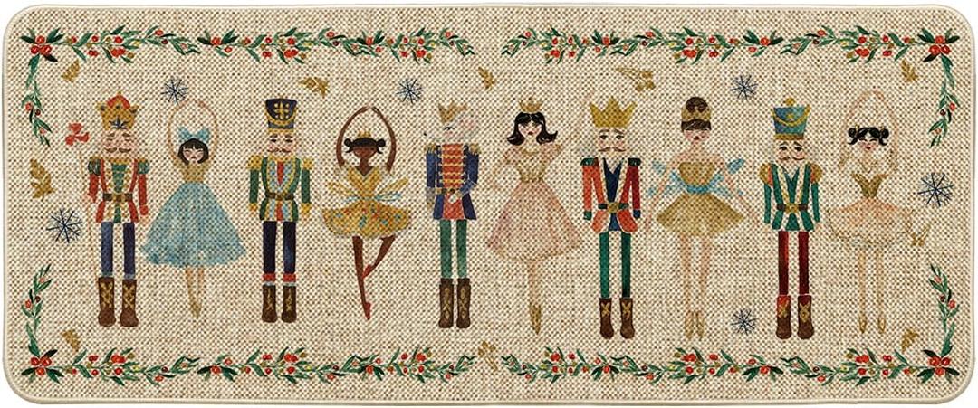 Artoid Mode Watercolor Nutcrackers Merry Christmas Welcome Decorative Doormat, Seasonal Winter Low-Profile Rug Switch Mat for Indoor Outdoor 24x59 Inch (Beige)