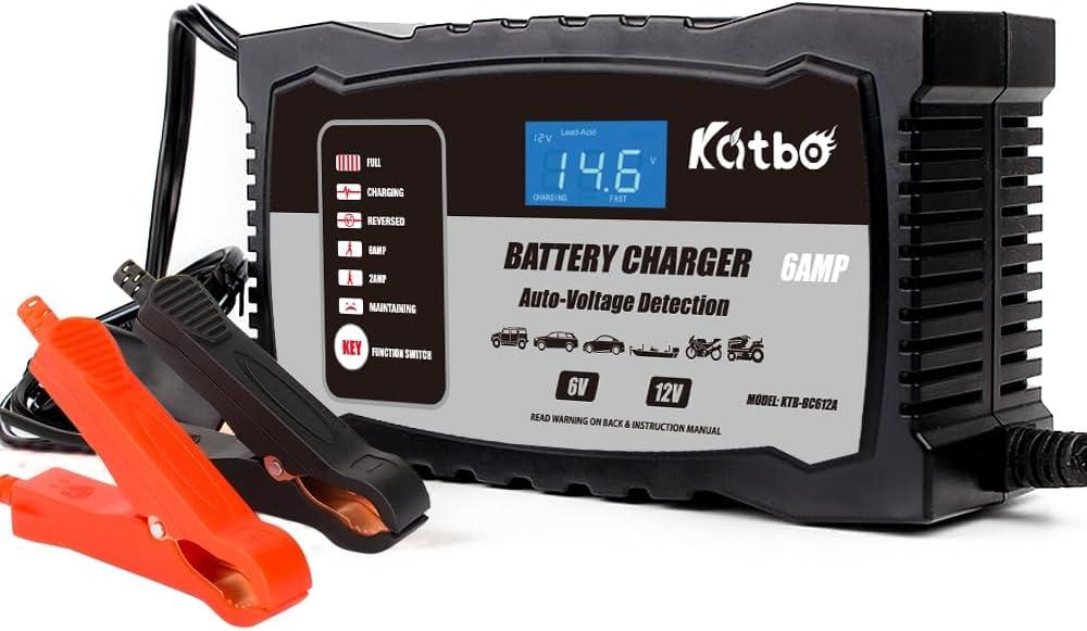 KATBO Automatic Battery Charger 12V 6V Auto-Voltage Detection, Automotive Battery Charger 2Amp 6 Amp Lead Acid Batteries Float Charger Maintainer for Motorcycle Car Boat Marine Lawn Mower ATV Toy Car