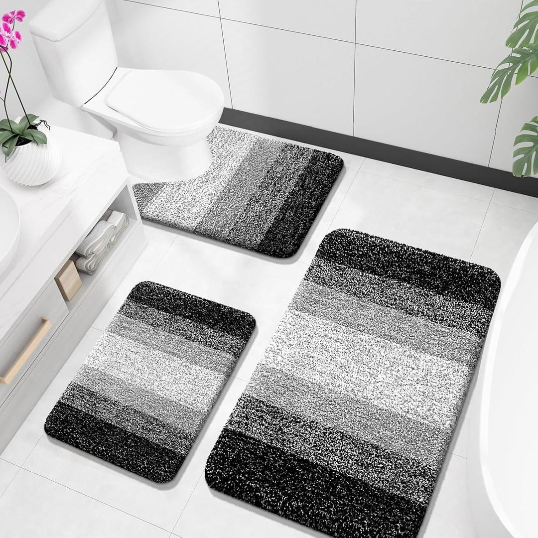 OLANLY Bathroom Rugs Sets 3 Piece, Soft Absorbent Microfiber Bath Mats and U-Shaped Contour Toilet Rug, Plush Shaggy Bath Mat Set for Bathroom (36"x24"+24"x16"+24"x20", Black)
