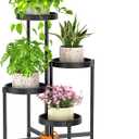 LASZOLA 4 Tiered Plant Stand Indoor Outdoor with Plastic Tray, Corner Folding Tall Flower Display Rack, Modern Plant Holder Shelf for Outdoor Patio Porch Garden Office Living Room, Black