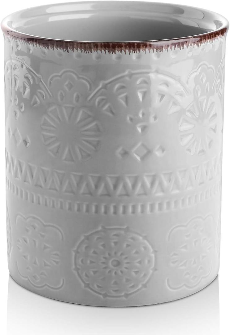 DOWAN 7.2" Kitchen Utensil Holder, Extra Large Farmhouse Utensil Holders for Countertop, Ceramic Utensil Crock, Anti Slip Cork Bottom (Gray, 7.2 Inch)