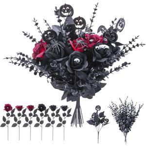 18 Pcs Halloween Flowers Bouquet with 28 Black Eucalyptus Stems and 2 Realistic Pumpkin Stems, Blood Black Red Silk Gothic Rose for DIY Haunted House Decor, Witchy Centerpiece