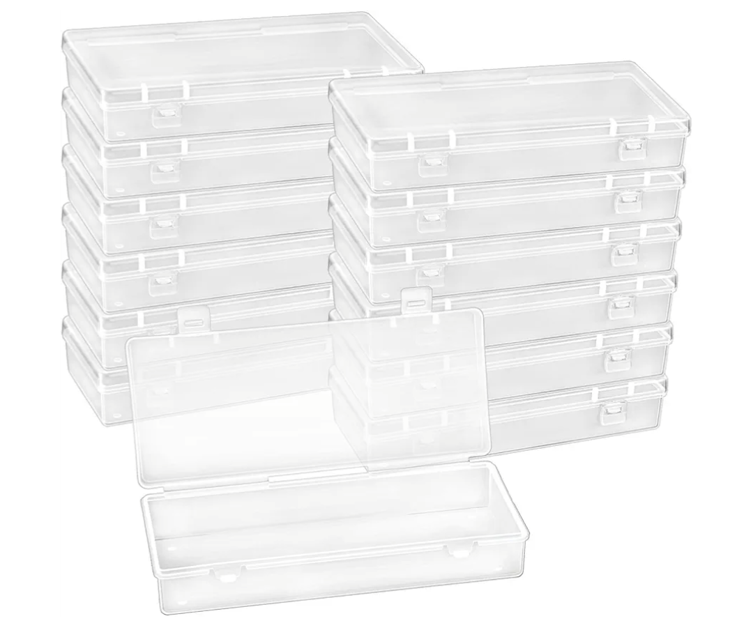 12 Pack 6 Inch Plastic Storage Boxes, Small Rectangle Clear Containers with Hinged Lids for Beads, Jewelry, Game Pieces, Crafts 6.1 x 2.56 x 1.18 Inch