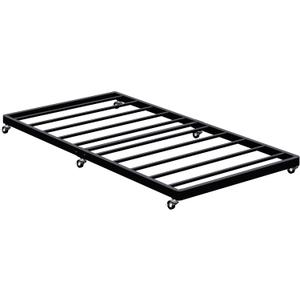 Lutown-Teen Twin Trundle Bed Frame with Metal Slats, Roll-Out Design, Easy Assembly Steel Frame with Lockable Wheels, Noiseless Pull Out Bed for Bedroom, Living Room or Guest Room, Black