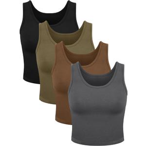 4 Pieces Women Basic Crop Tank Top Short Sleeveless Sports Crop Top (Small, Dim Gray, Black, Dark Olive Green, White)