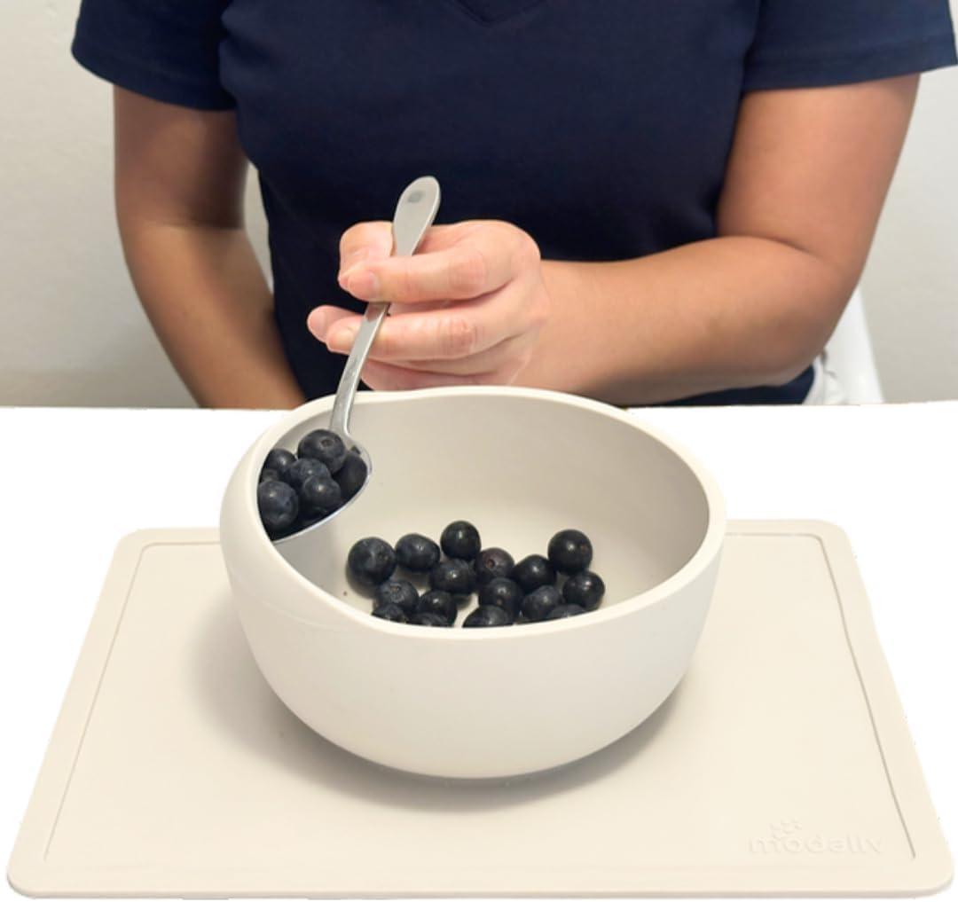 Modaliv 34oz Adult Scooper Bowl with Suction Base  Adaptive Silicone Placemat for Stroke Recovery, Elderly, or Disabled  Microwave & Dishwasher Safe  Non-Slip Feeding Aid (Gray)