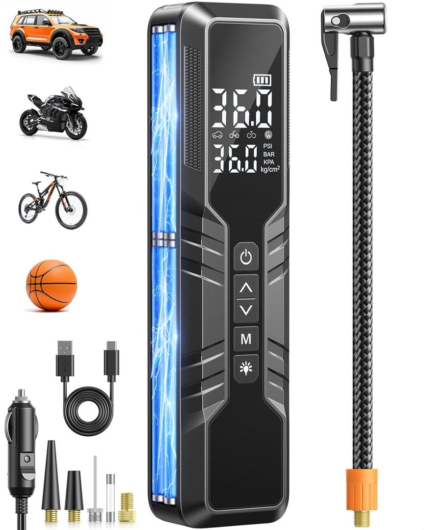 Tire Inflator Portable Air Compressor - 150PSI Cordless Air Pump for Car Tires, Portable Tire Inflator for Car, DC 12V Air Compressor with Pressure Gauge/LED Light for Auto/Bike/Motorcycle/Ball (Black)